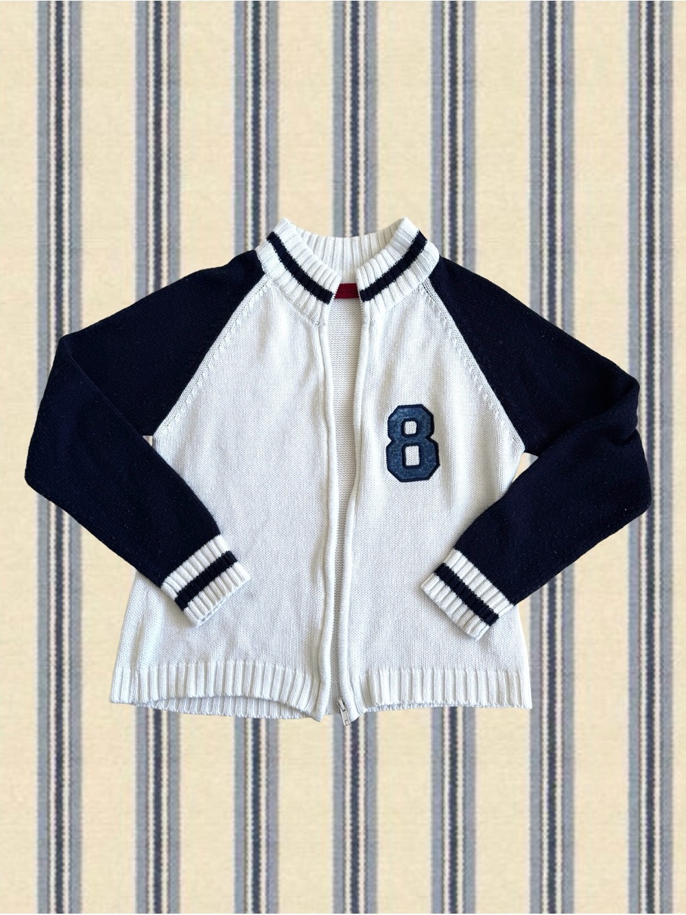 Women's Navy & White Zip Knit Cardigan with '8' Patch